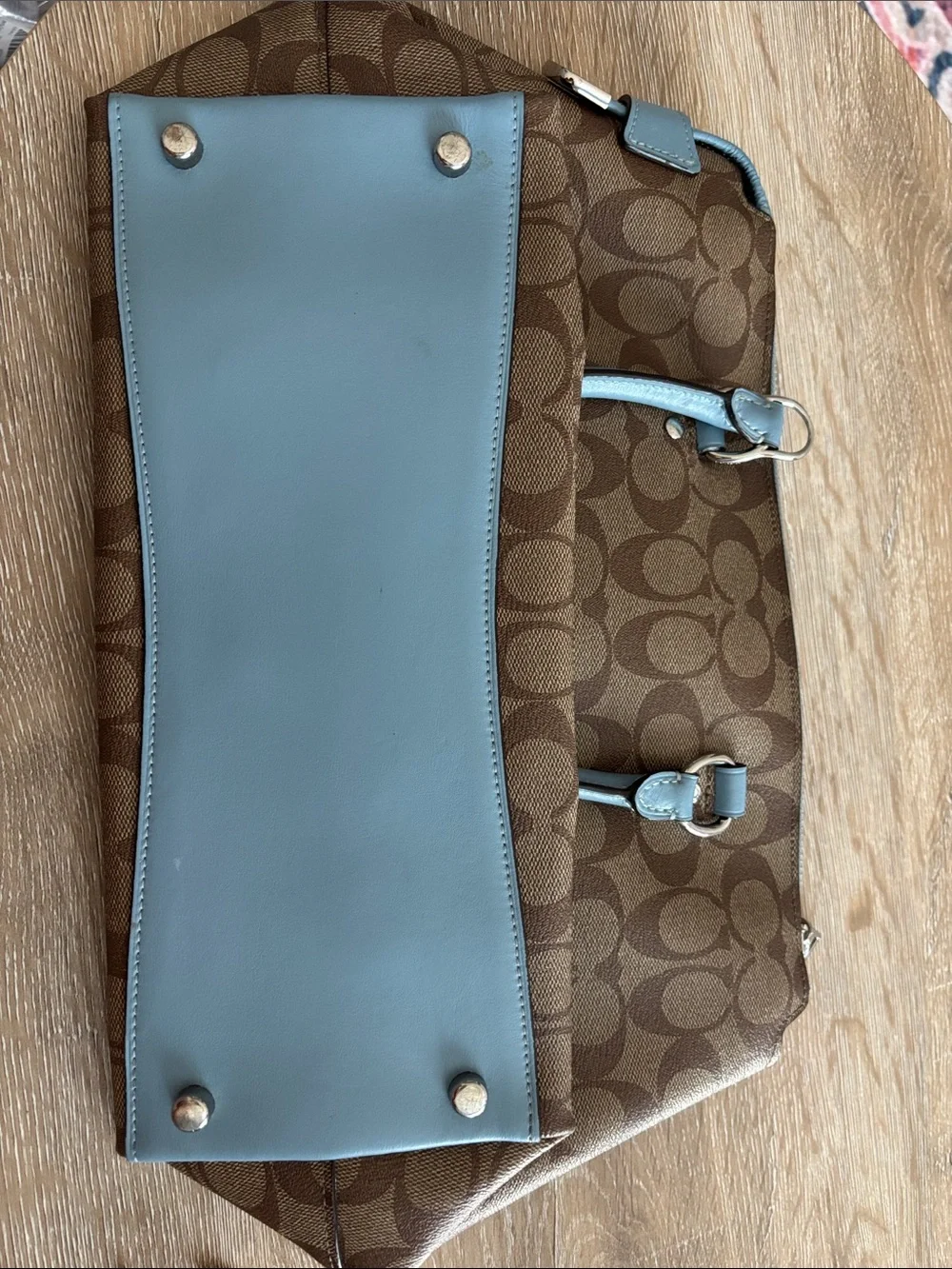 Coach Emma Monogram Satchel with Light Blue Trim